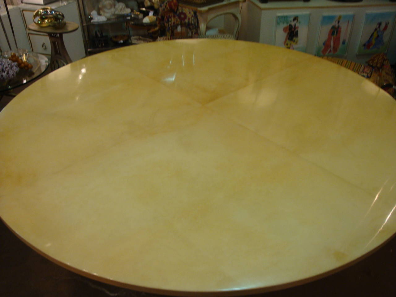 This is a 72 inch lacquered goatskin table in the style of Karl springer from 1970s
