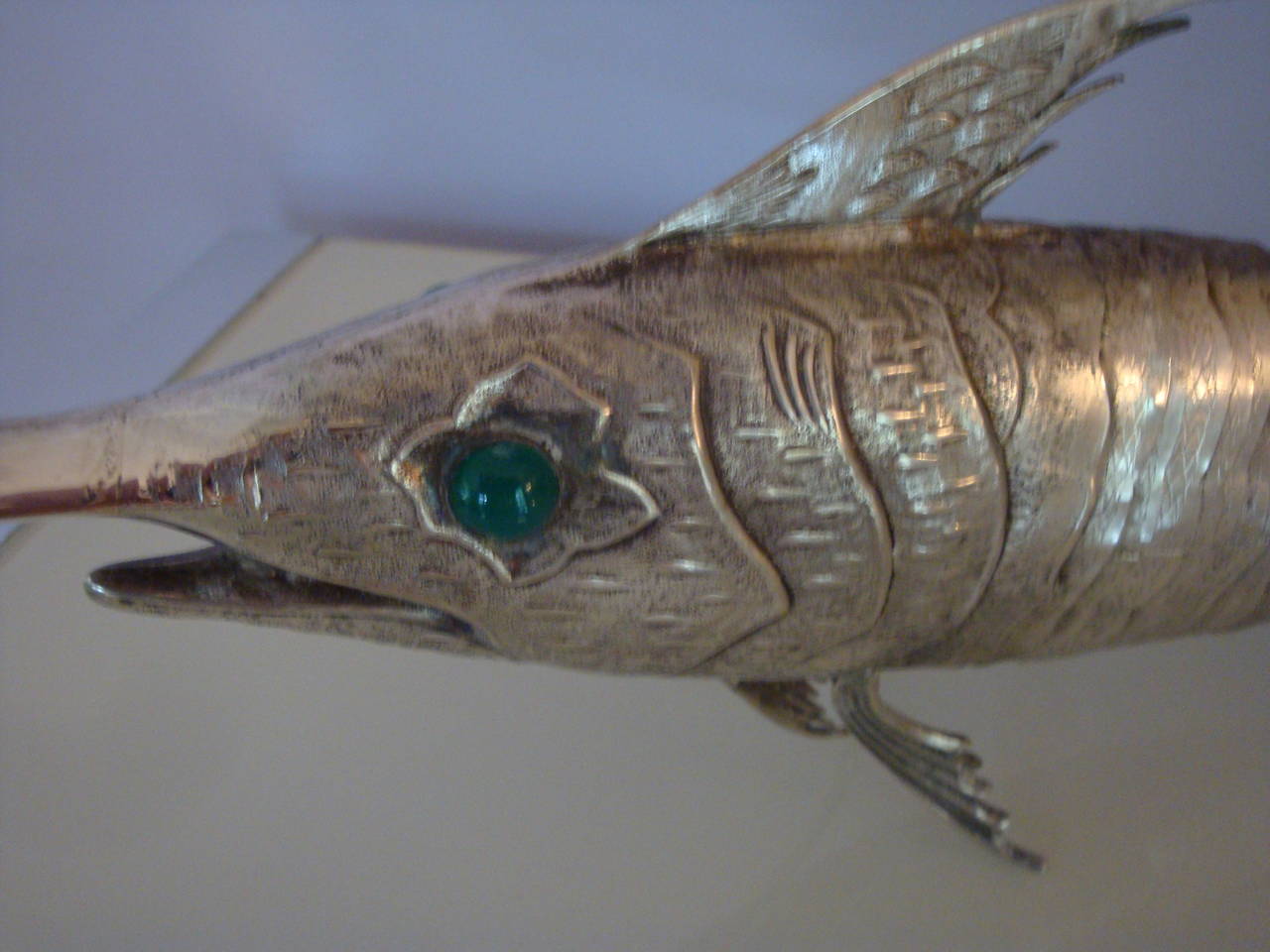 This is a large silverplate articulated spanish swordfish with cabochon eyes