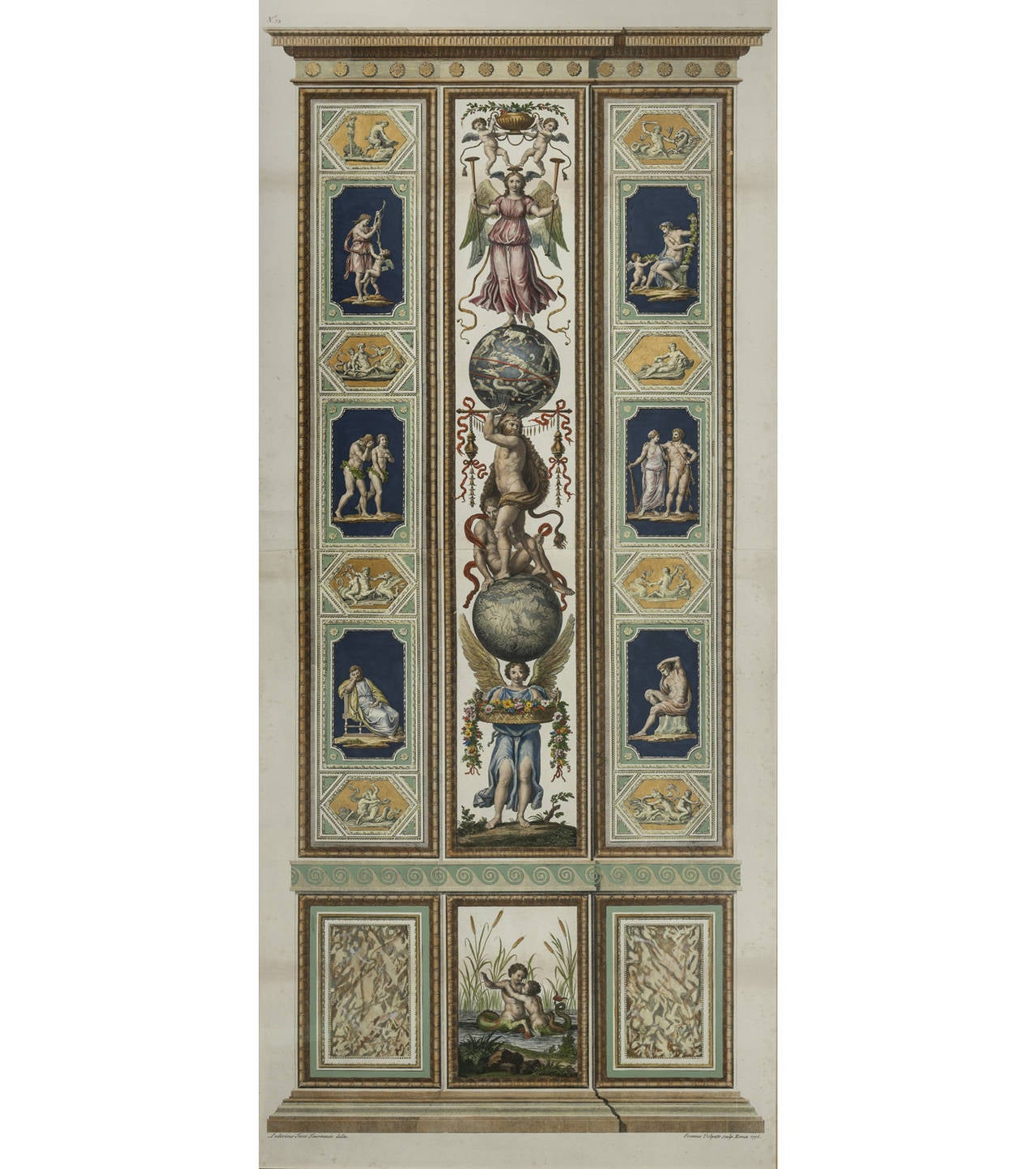 Central decoration contains scenes of gods and goddesses holding spheres of night sky and earth; lower panel contains a scene of two sea god children.

From Loggia di Rafaele nel Vaticano, by Raphael Sanzio D'Urbino, engraved by Giovanni Volpato,