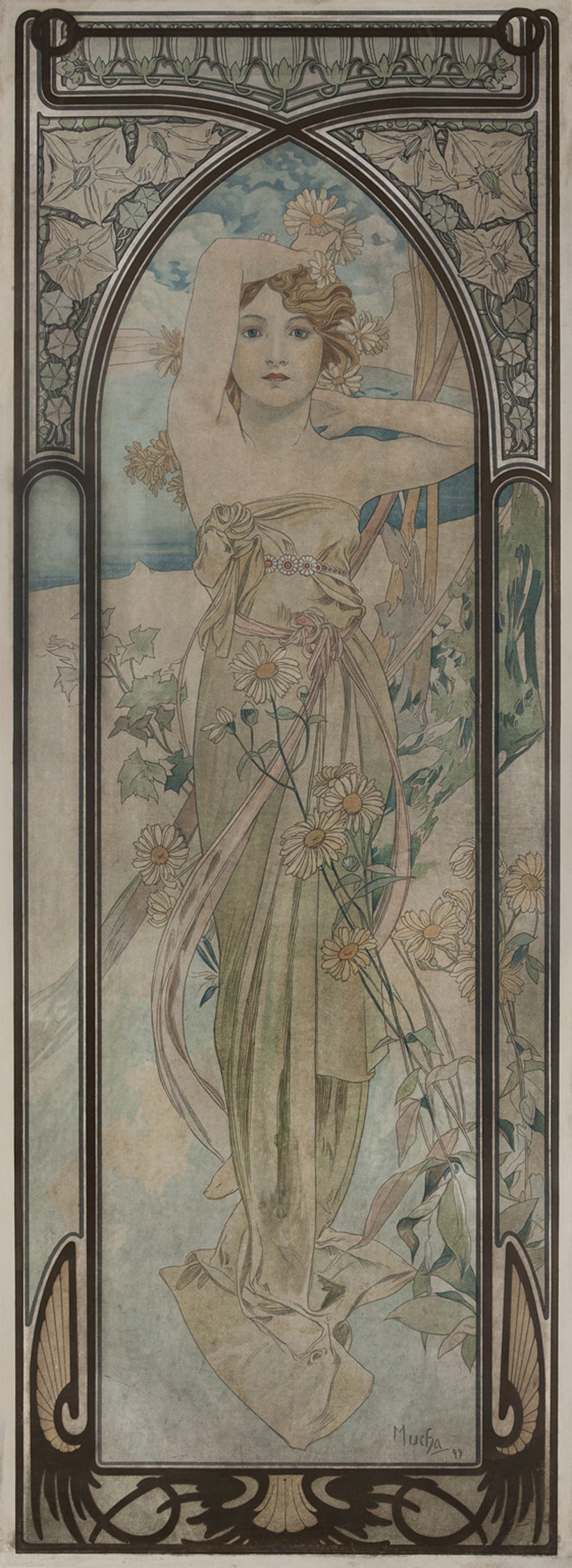 This series of color lithographs was produced in 1899 by Czech artist Alfons Maria Mucha. Each panel focuses on a woman in a natural setting, reflecting her mood and time of day. A decorative frame exemplary of the Art Nouveau style outlines the