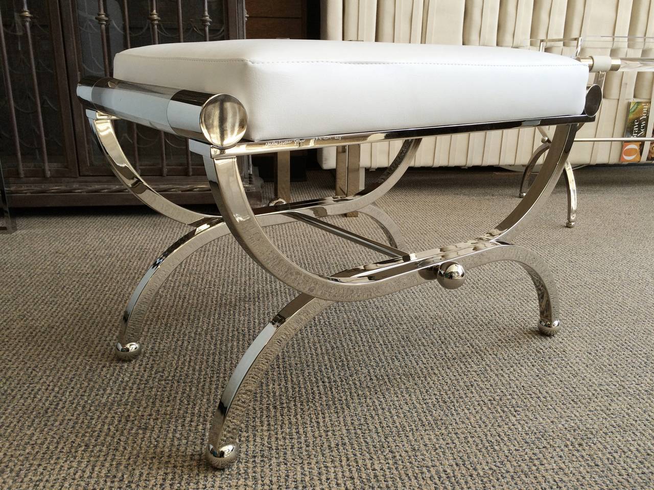 Contemporary Large Charles Hollis Jones Empire Style Bench in Nickel and Lucite