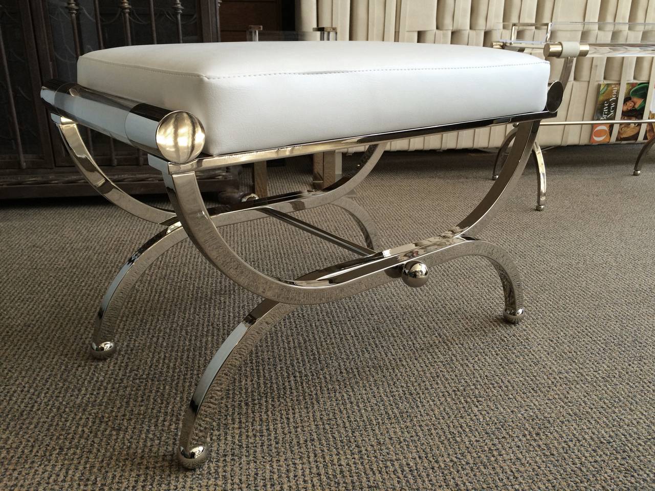 Naugahyde Large Charles Hollis Jones Empire Style Bench in Nickel and Lucite