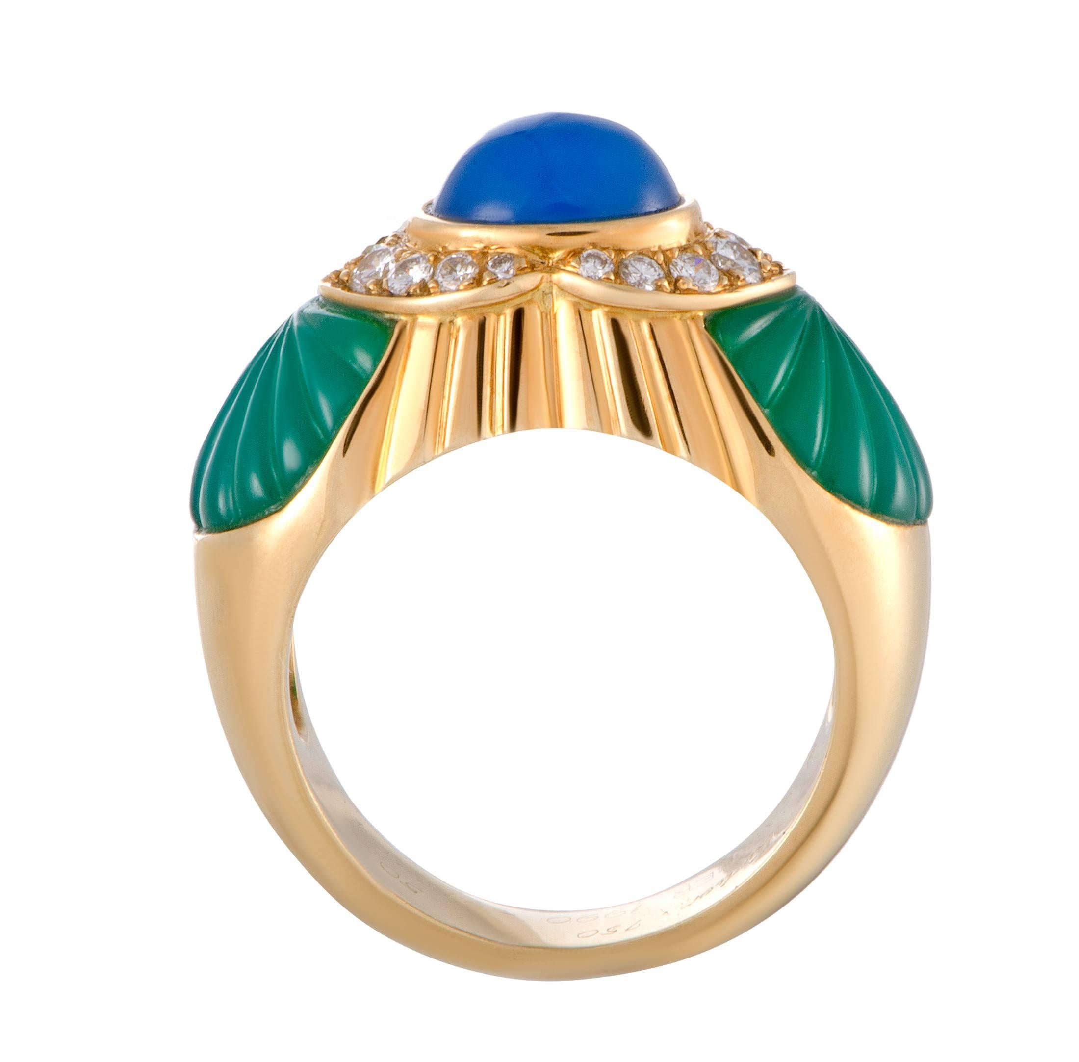 Featuring intriguingly offbeat design and compellingly colorful décor, this spectacular Cartier ring offers an incredibly fashionable look. The ring is made of radiant 18K yellow gold and set with diamonds and blue and green jade.
Ring Size: