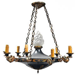 Early 20th c. French Empire style nine light brass and tole chandelier.