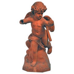 Antique Mid-19th Century Terra Cotta Garden Statue of Cupid