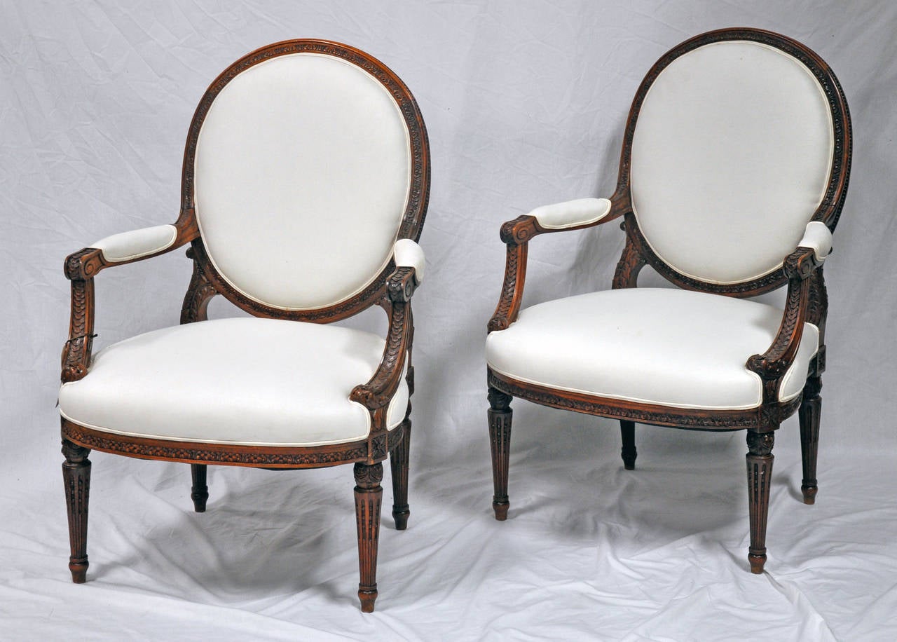 Pair of 19th Century French Louis XVI Style Fauteuil in Walnut 1