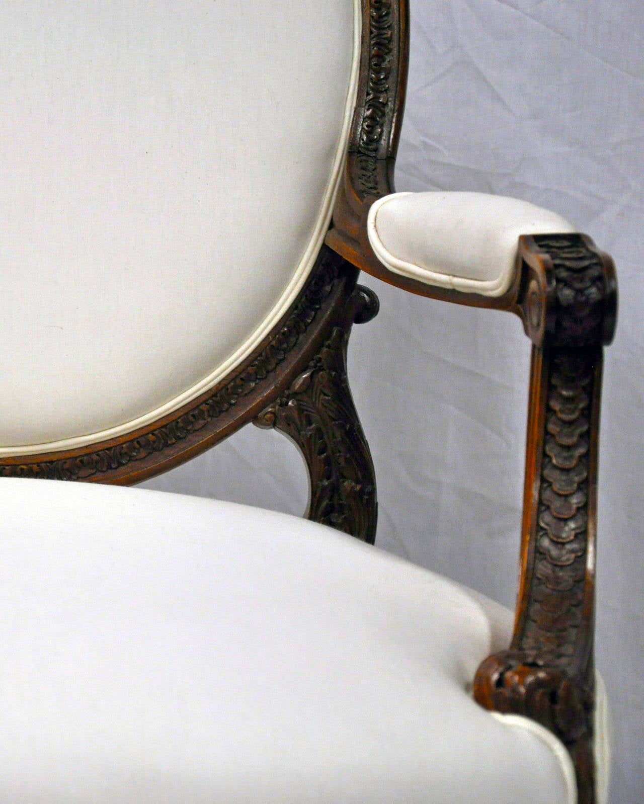 Muslin Pair of 19th Century French Louis XVI Style Fauteuil in Walnut