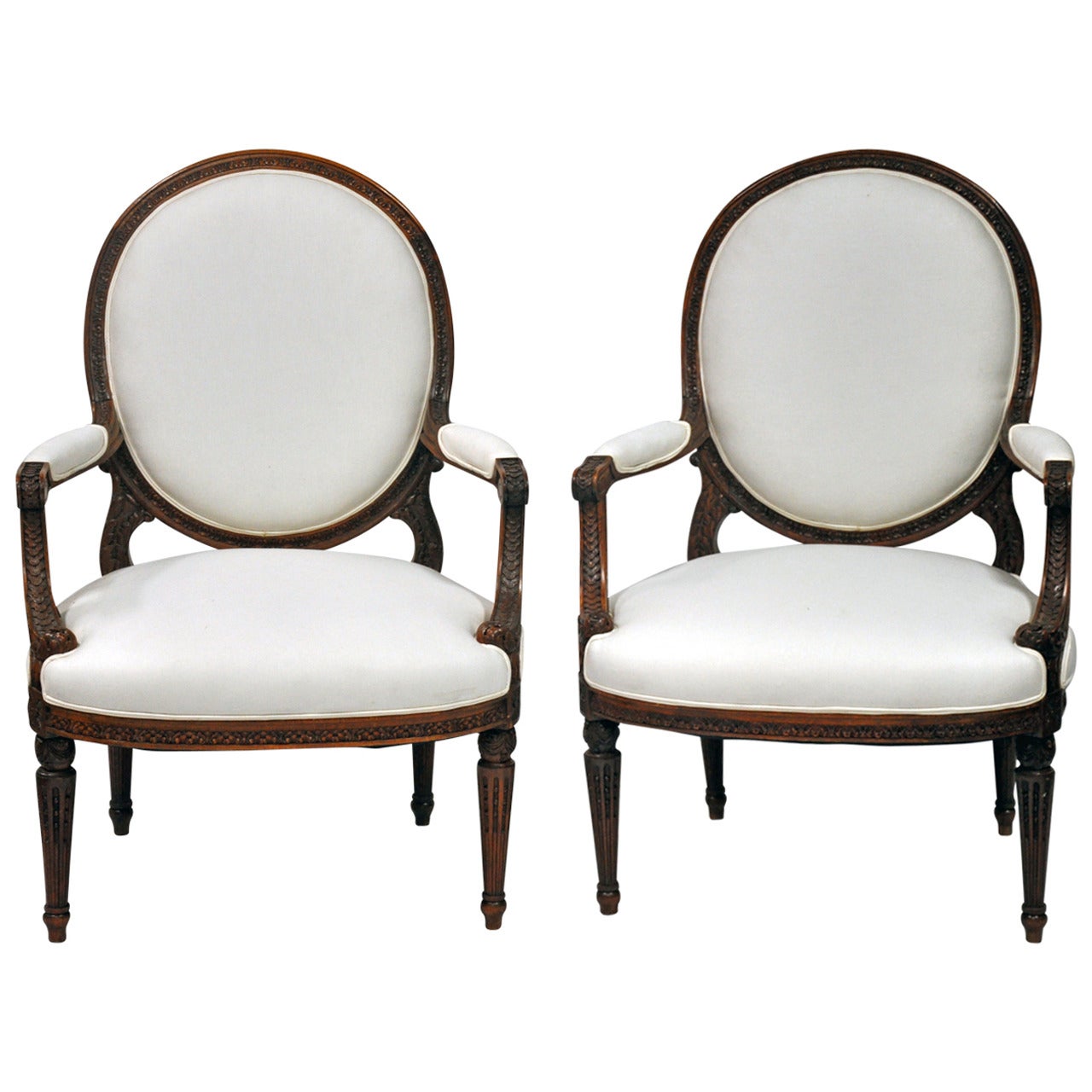 Pair of 19th Century French Louis XVI Style Fauteuil in Walnut