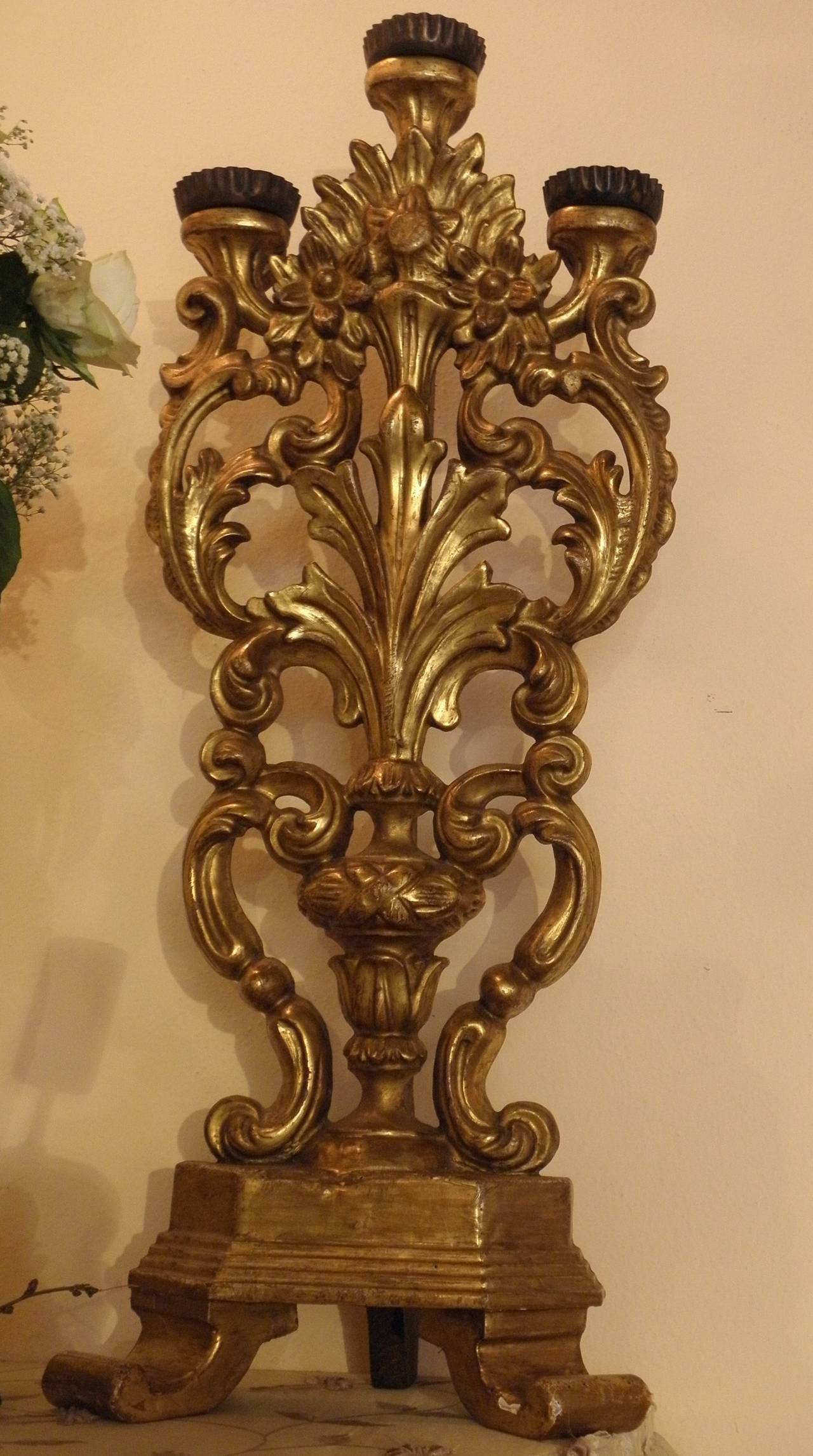 Fine Pair of Italian Giltwood Candelabras