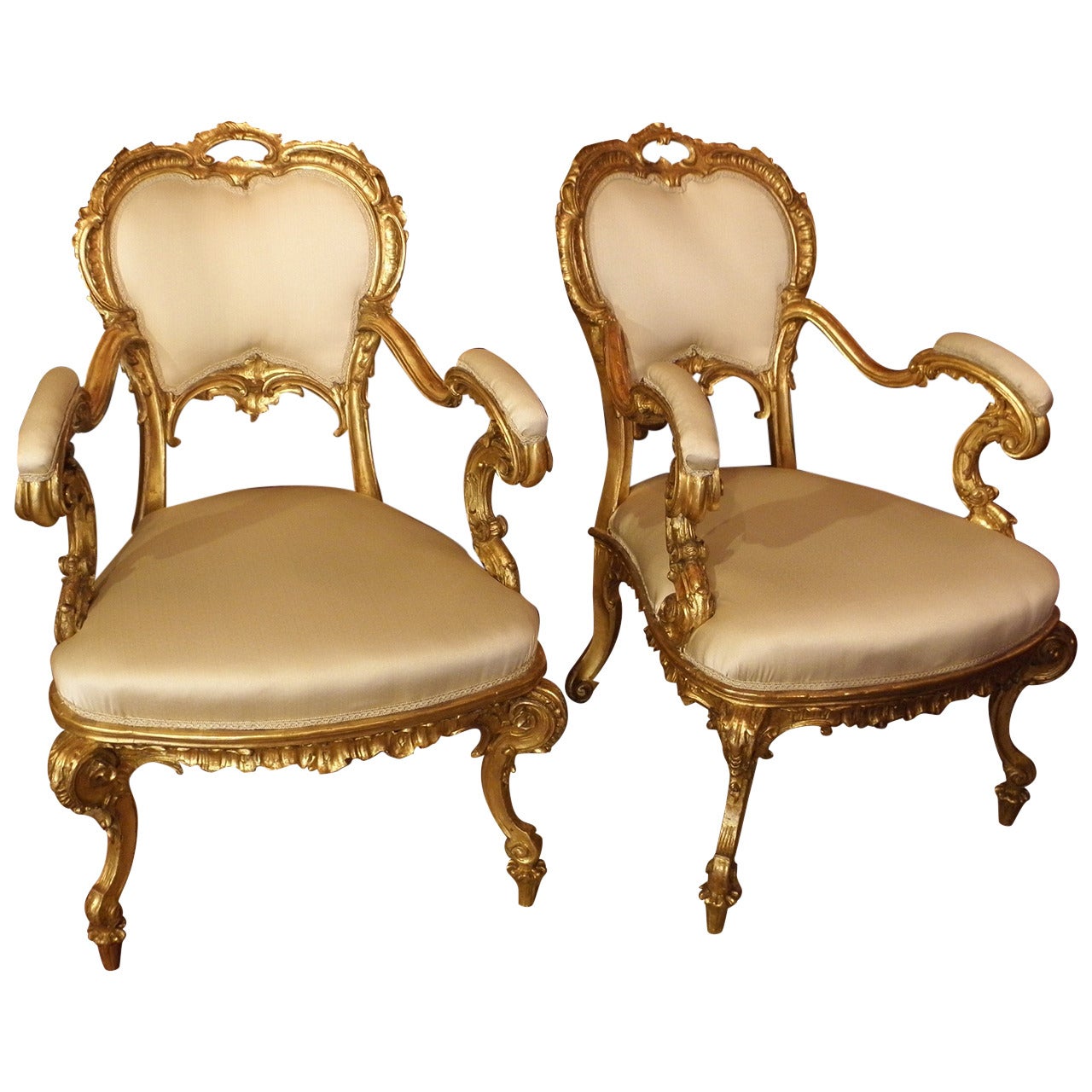 Pair of 18th Century Gilt Carved Armchairs For Sale