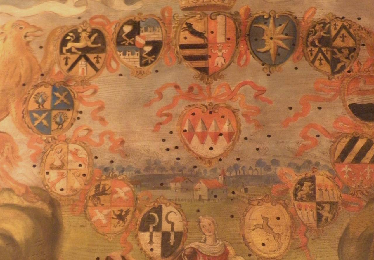 Very rare shooting target used in an Austrian castle probably in occasion of a meeting between various noble families, because there are various noble coat of arm in the target, it was used then exposed in the castle, very rare in this dimension,