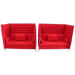 Pair of Vitra "Alcove" Two-Seat Highback Sofas in Pristine Red "Credo" Fabric