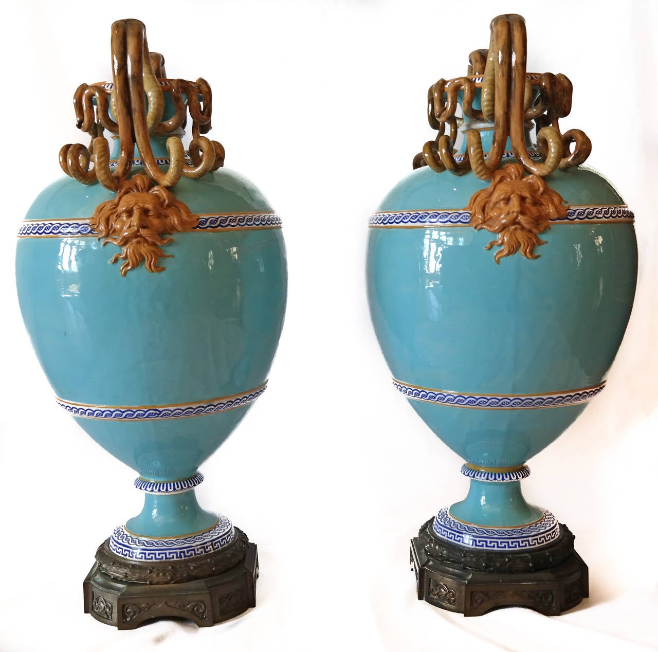 Large pair of bronze-mounted Minton Majolica vases, designed for Minton by professor Gottfried Semper (1803-1879) from the estate of legendary decorator and taste maker, Madeline Castaing.