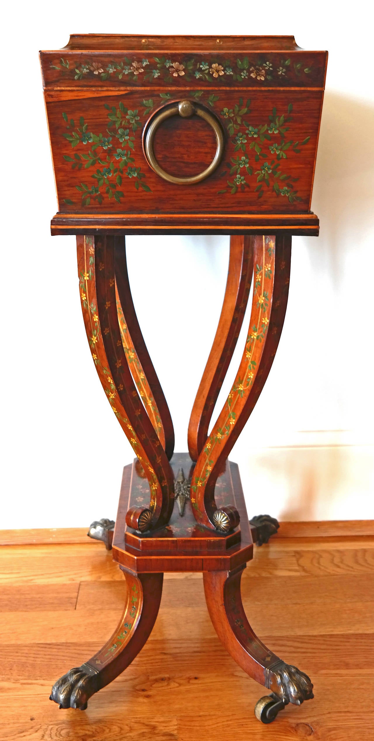 Regency workbox, rosewood with brass inlay, hand painted, English, circa 1820.