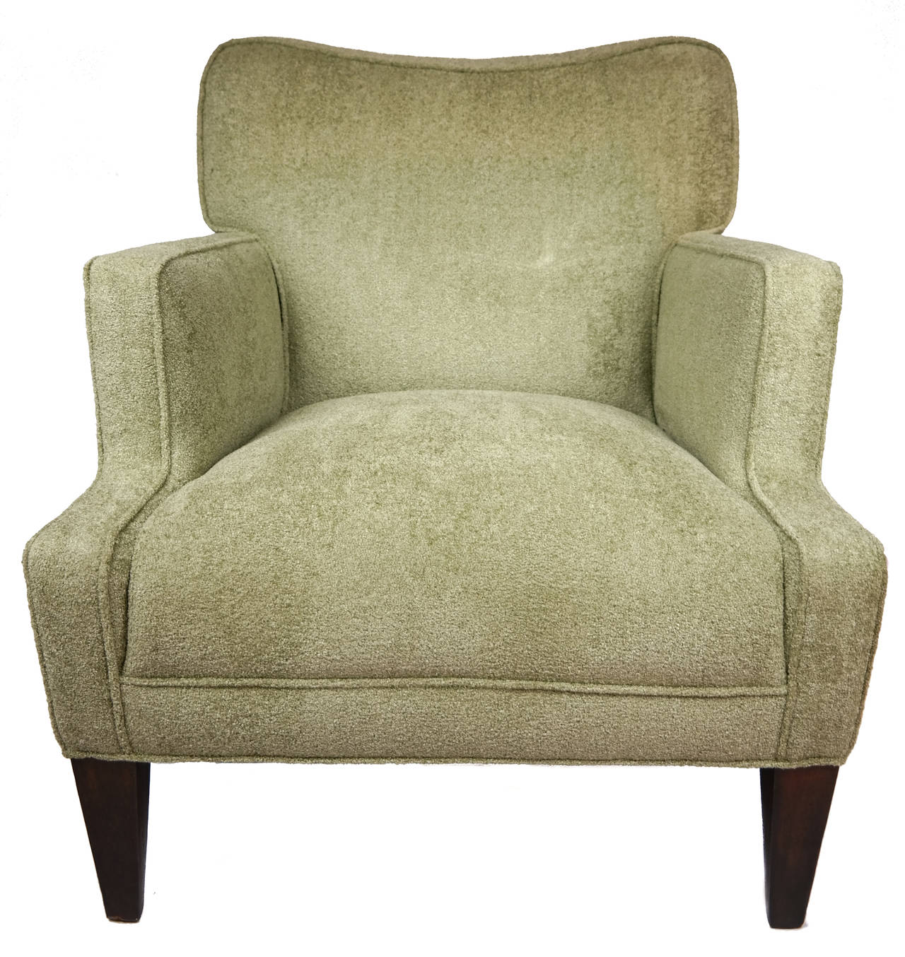 Mid-Century Modern upholstered lounge chair, designed by Edward Wormley (1907-1995), covered in a beautiful sage chenille-type fabric of the highest quality, rising on tapered legs, American, circa 1940s.