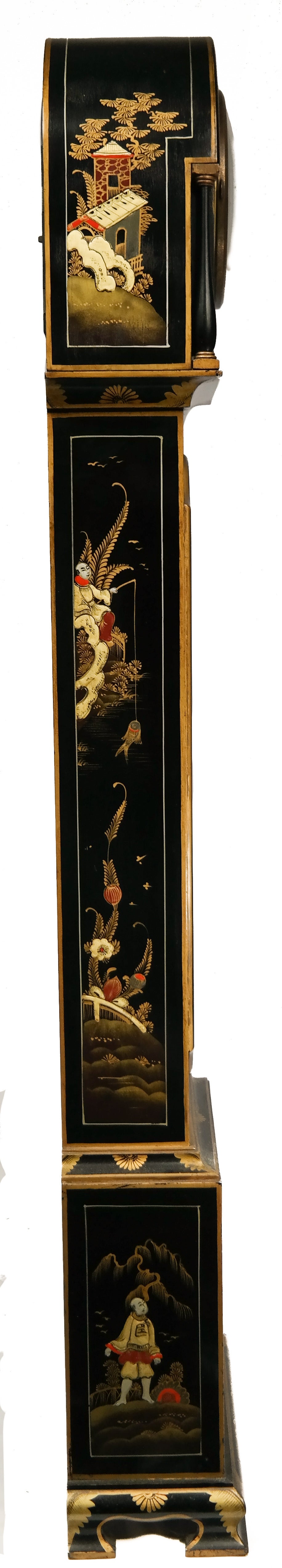 Early 20th century English chinoiserie Grandmother clock, black lacquered background with gold leaf depicting a pastoral scene with figures conversing next to a bridge. Phenomenal condition.