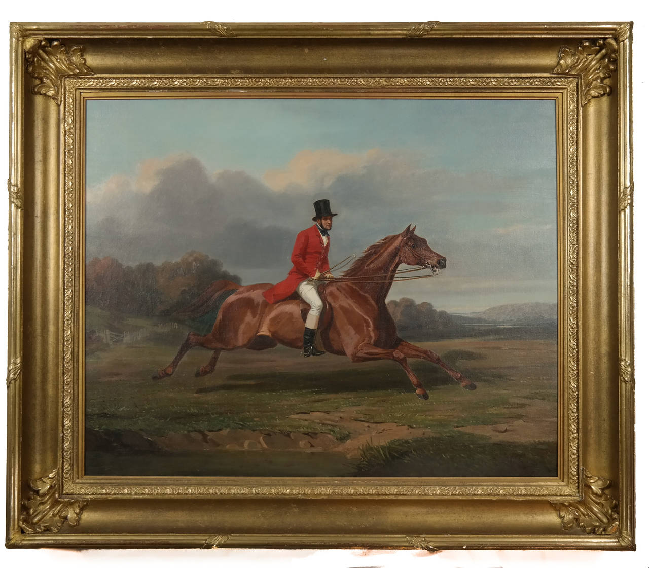 Late 18th, early 19th century oil on canvas, depicting a landscape with a man riding a horse, in carved gilded frame. Unsigned.

Canvas size: 30.5