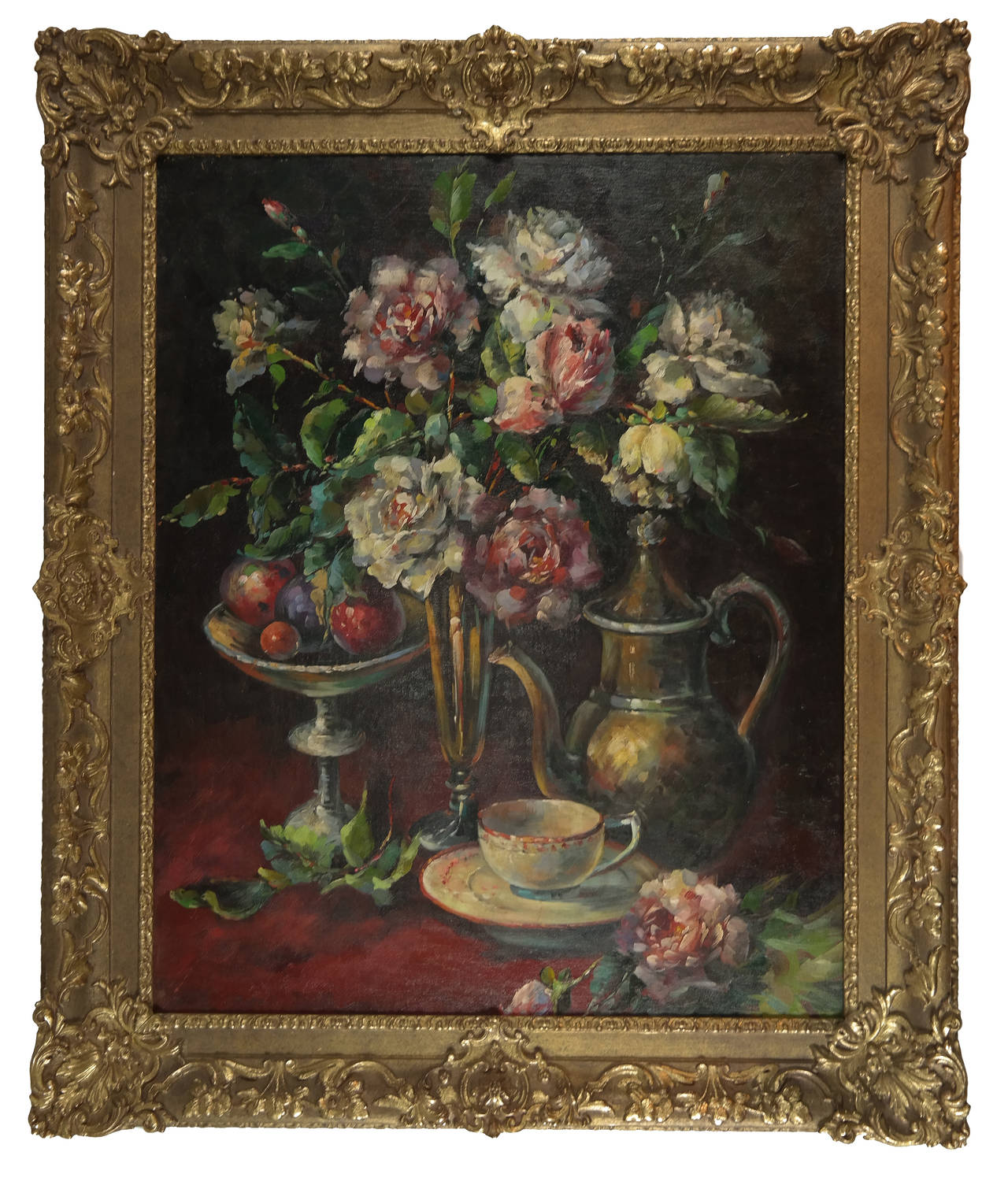 Late 19th Century French oil on canvas extensive still life of roses, fruits and a coffee cup and carafe

Signed; C. Maniere
Late 19th c. 

Canvas Size:
24