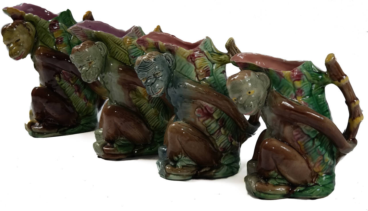 19th Century Set of Four Majolica Monkey Graduated Pitchers, 8 to 10 ins., English, c. 1880 For Sale