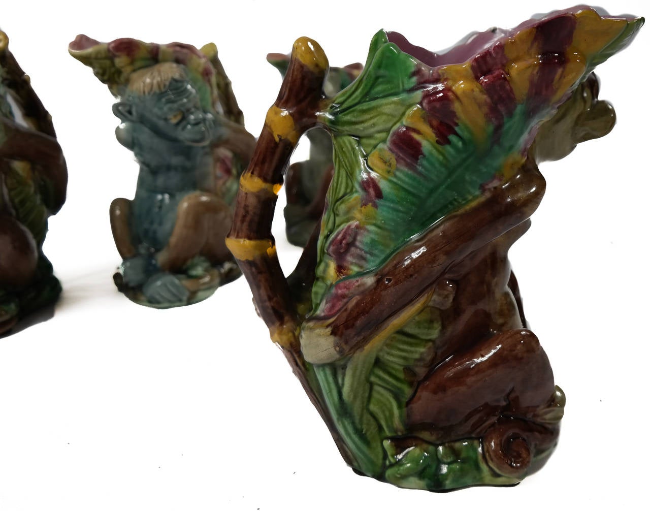 Ceramic Set of Four Majolica Monkey Graduated Pitchers, 8 to 10 ins., English, c. 1880  For Sale