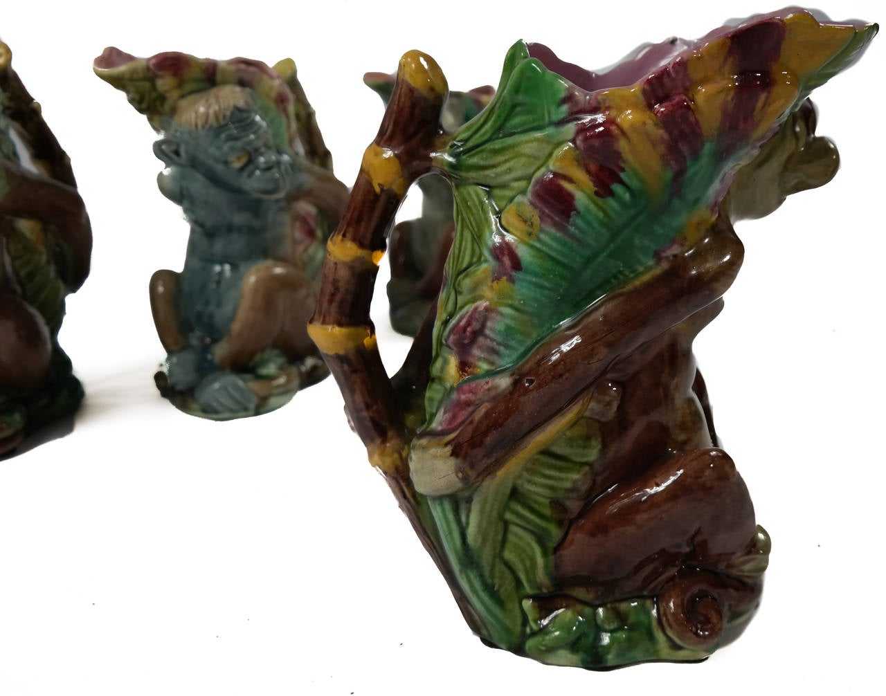 Ceramic Set of Four Majolica Monkey Graduated Pitchers, 8 to 10 ins., English, c. 1880 For Sale