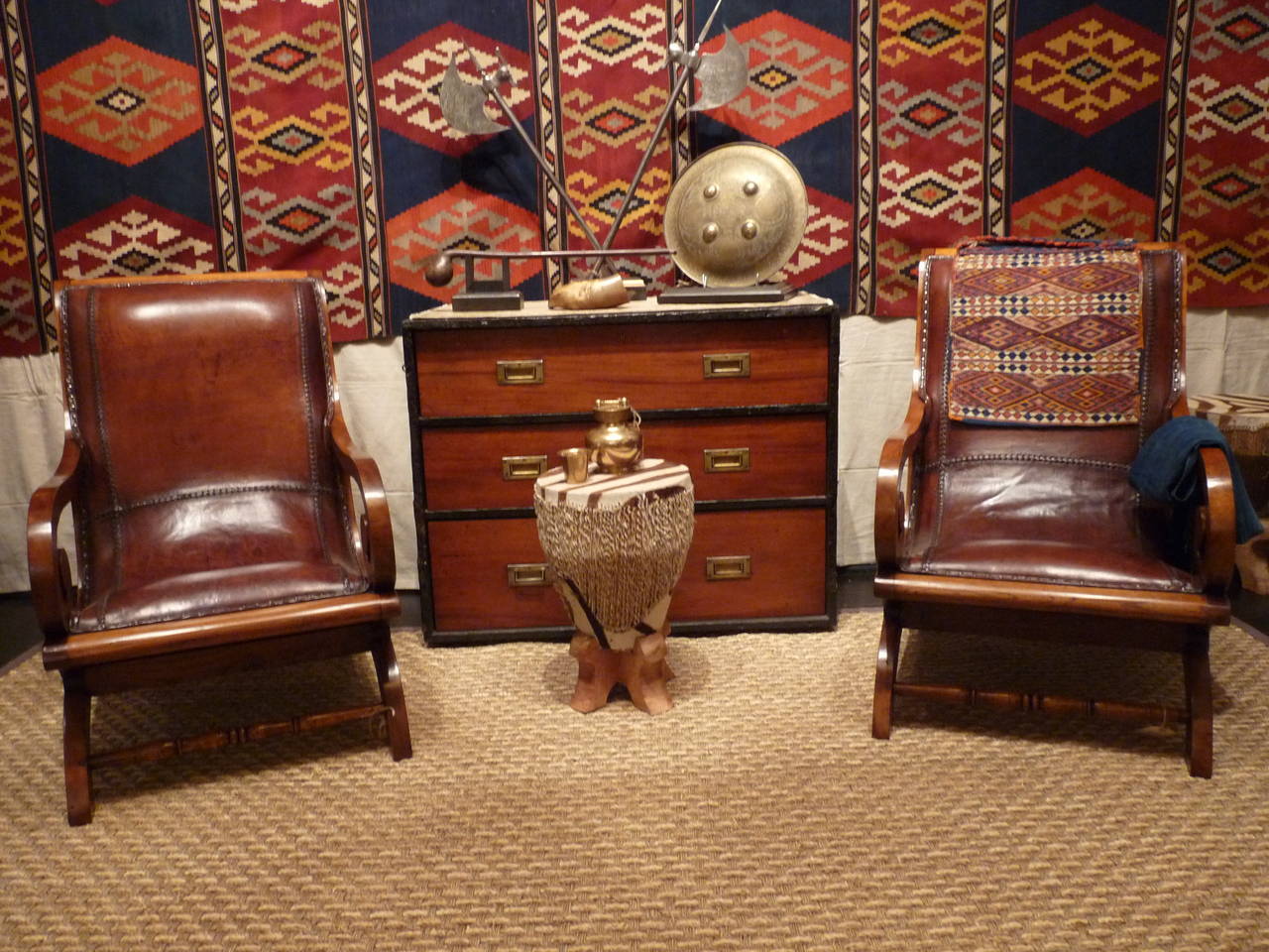 Leather Buffalo Hide and Teak Planter's Chairs