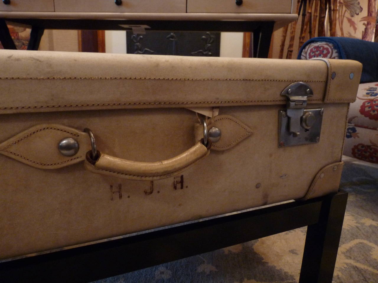 20th Century 1920s English Vellum Suitcase on Custom Stand