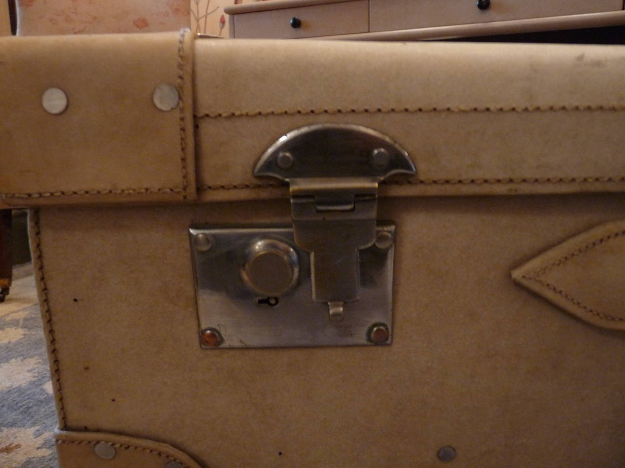1920s English Vellum Suitcase on Custom Stand 1