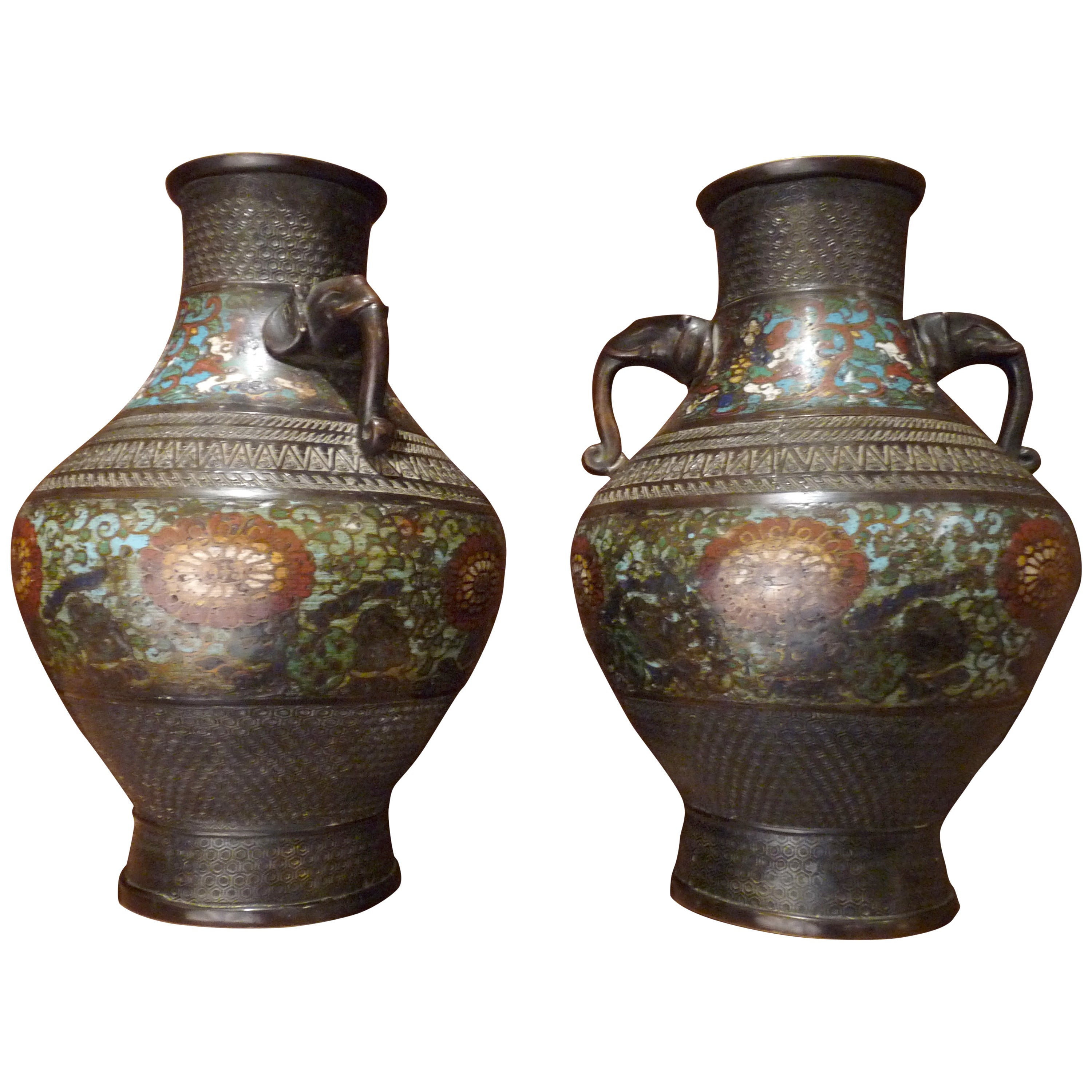 Pair of Cloisonné Vases with Elephant Head Handles For Sale