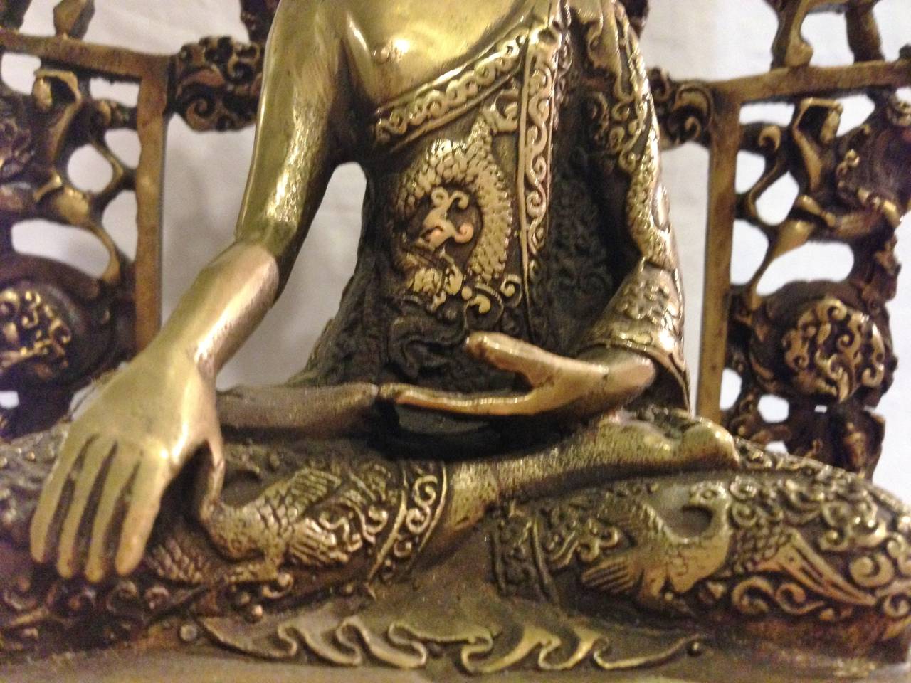 20th Century Brass Buddha in the Silk Road Style with Halo and Throne