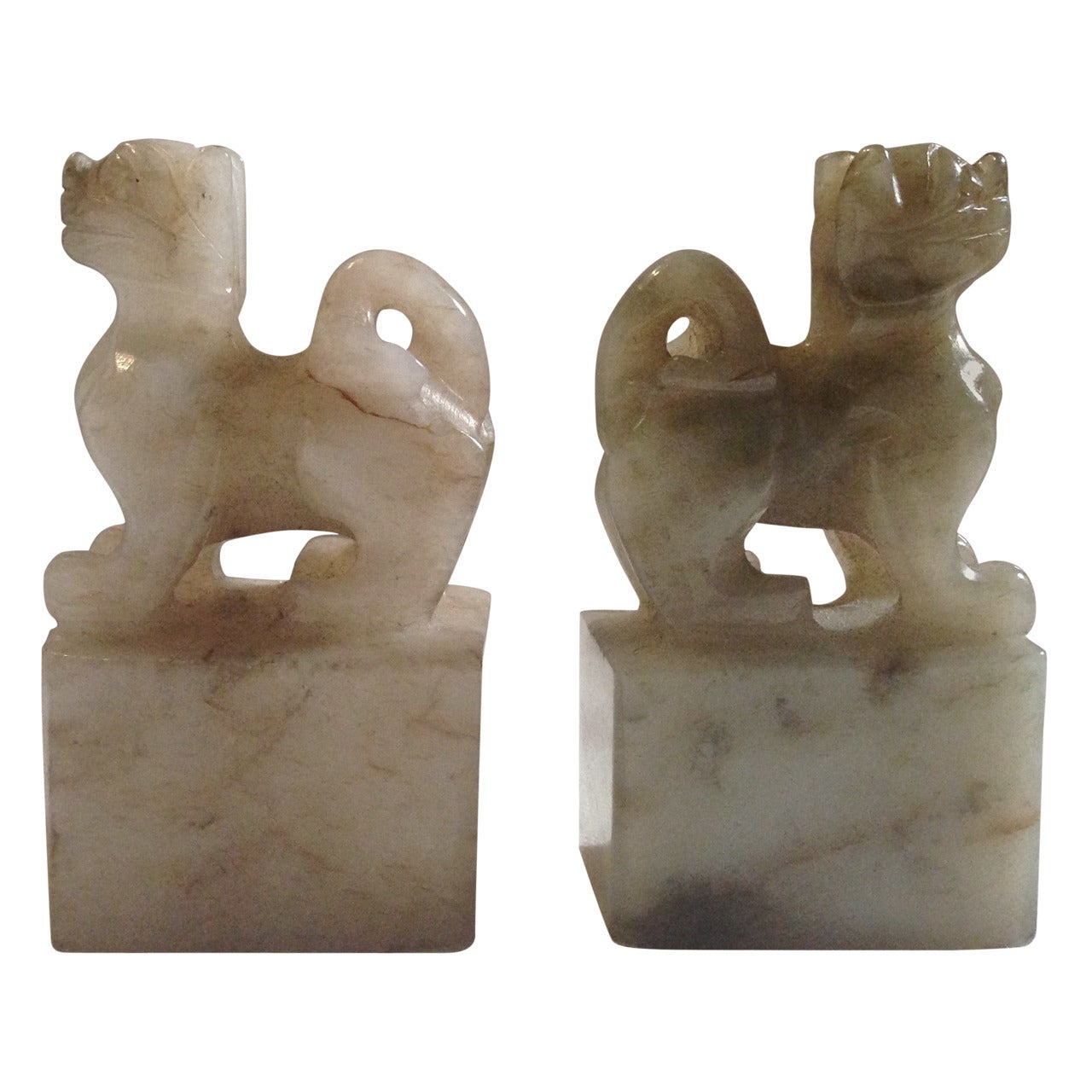 19th Century Pair of He Tian Rice Texture Jade Foo Dog Lion Chops For Sale