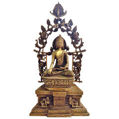 Vintage Brass Buddha in the Silk Road Style with Halo and Throne