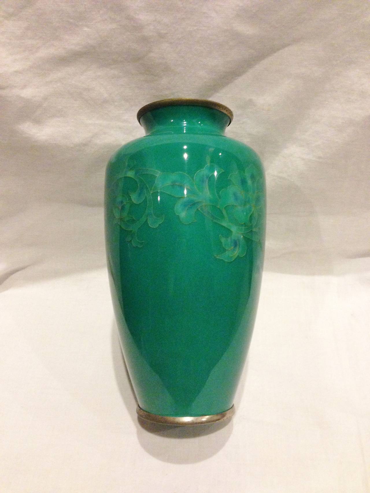 Yukio Tamura Japanese Celadon Cloisonne Vase, Signed 1