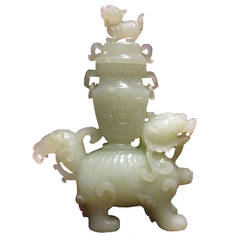 Vintage Finely Carved Chinese Xiu Jade Foo Dog on Qi Lin