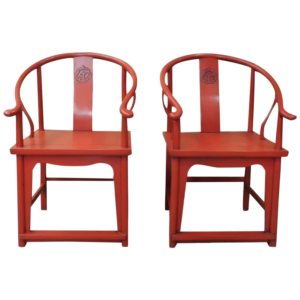 Pair Chinese Ming Style Red Lacquer Horseshoe Chairs