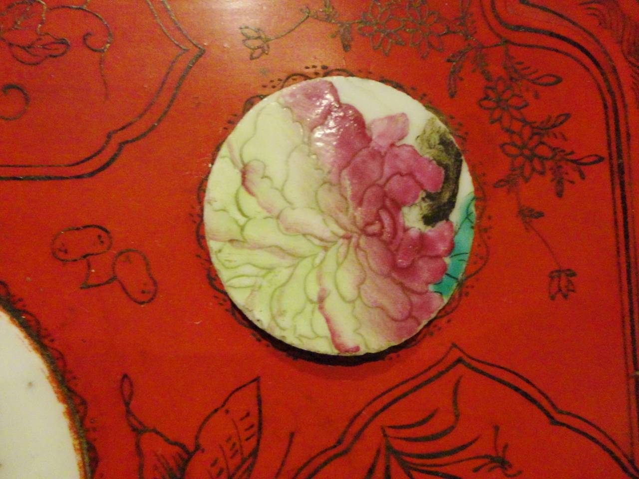 20th Century Red Lacquer Box with Antique Painted Porcelain For Sale