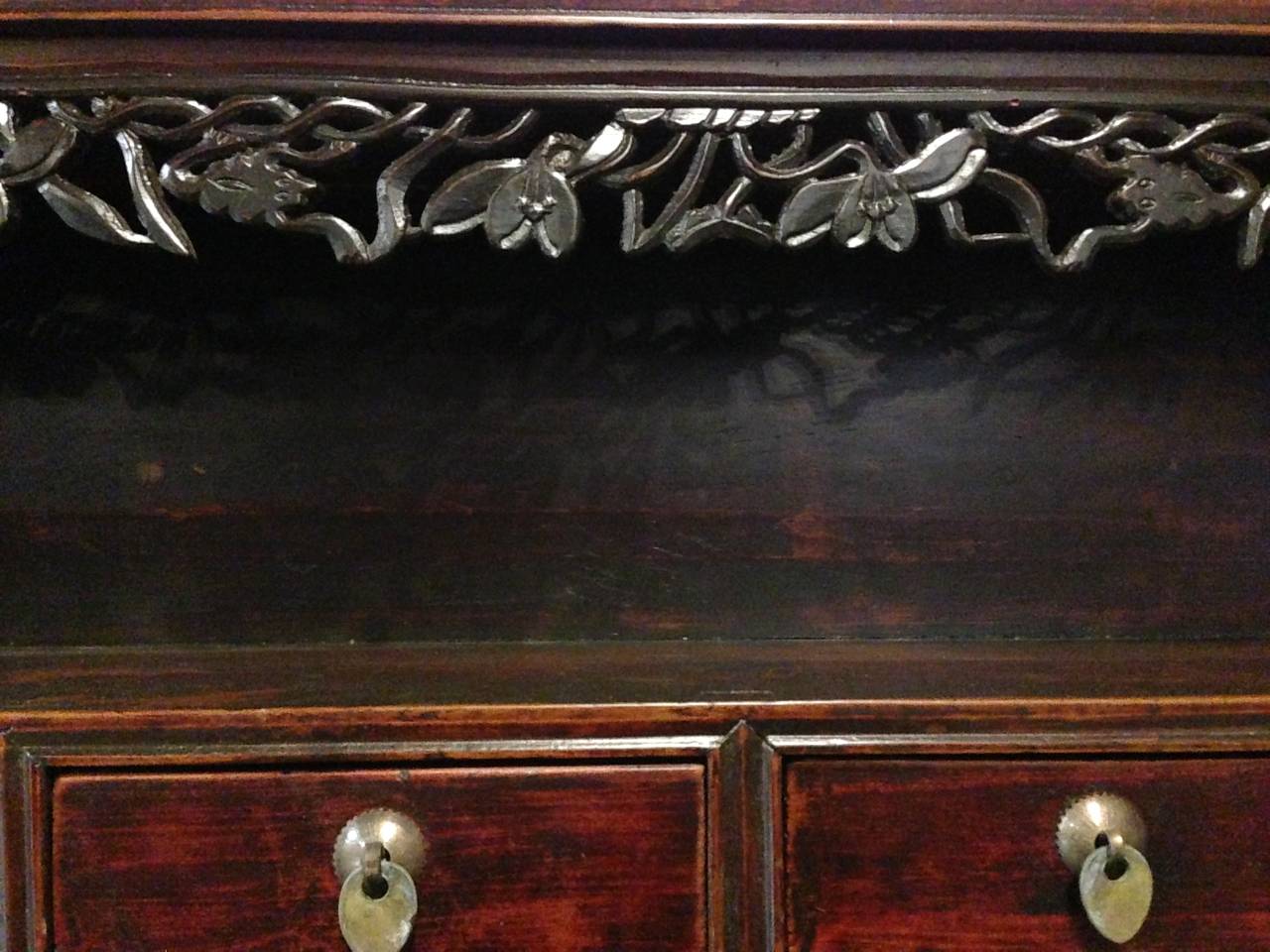 Beautiful, delicately carved open light altar with 4 exquisite little drawers. The carvings appear to be lotuses and bats, which are symbols of purity and good fortune. Solid wood. Tenons and mortises.