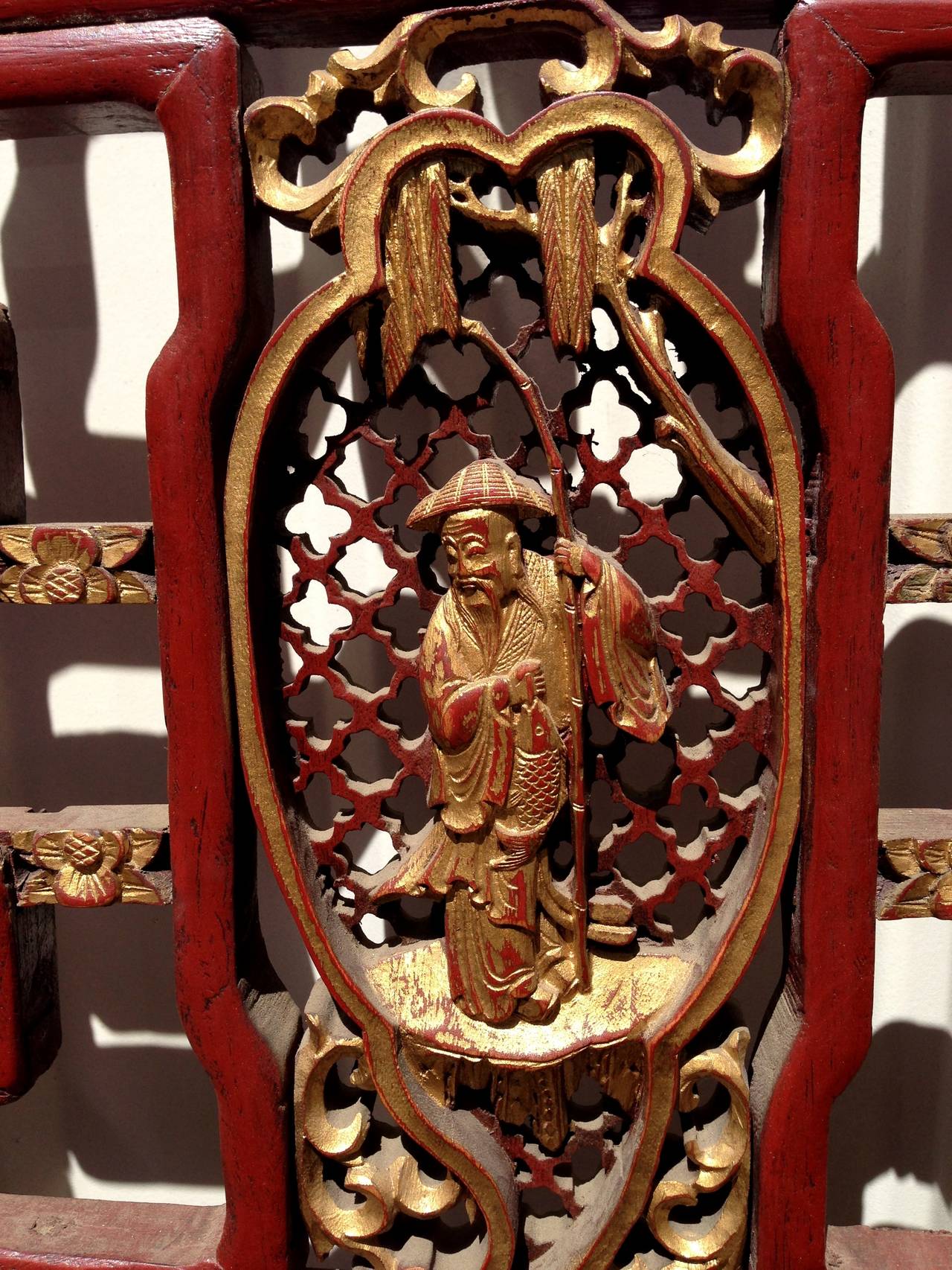 Set of 4 Chinese Antique Carved Doors, Screen, Red and Gilt, 19th Century In Excellent Condition In SOMIS, CA