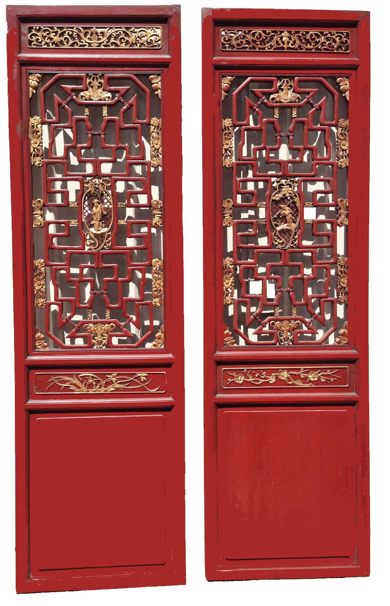 Absolutely stunning carved doors feature multiple auspicious symbols such as bats for good fortune, peaches for long life, butterflies for happiness and scrolls for eternity. Center of the door depict the scholar's joy of leisure life. Carvings are