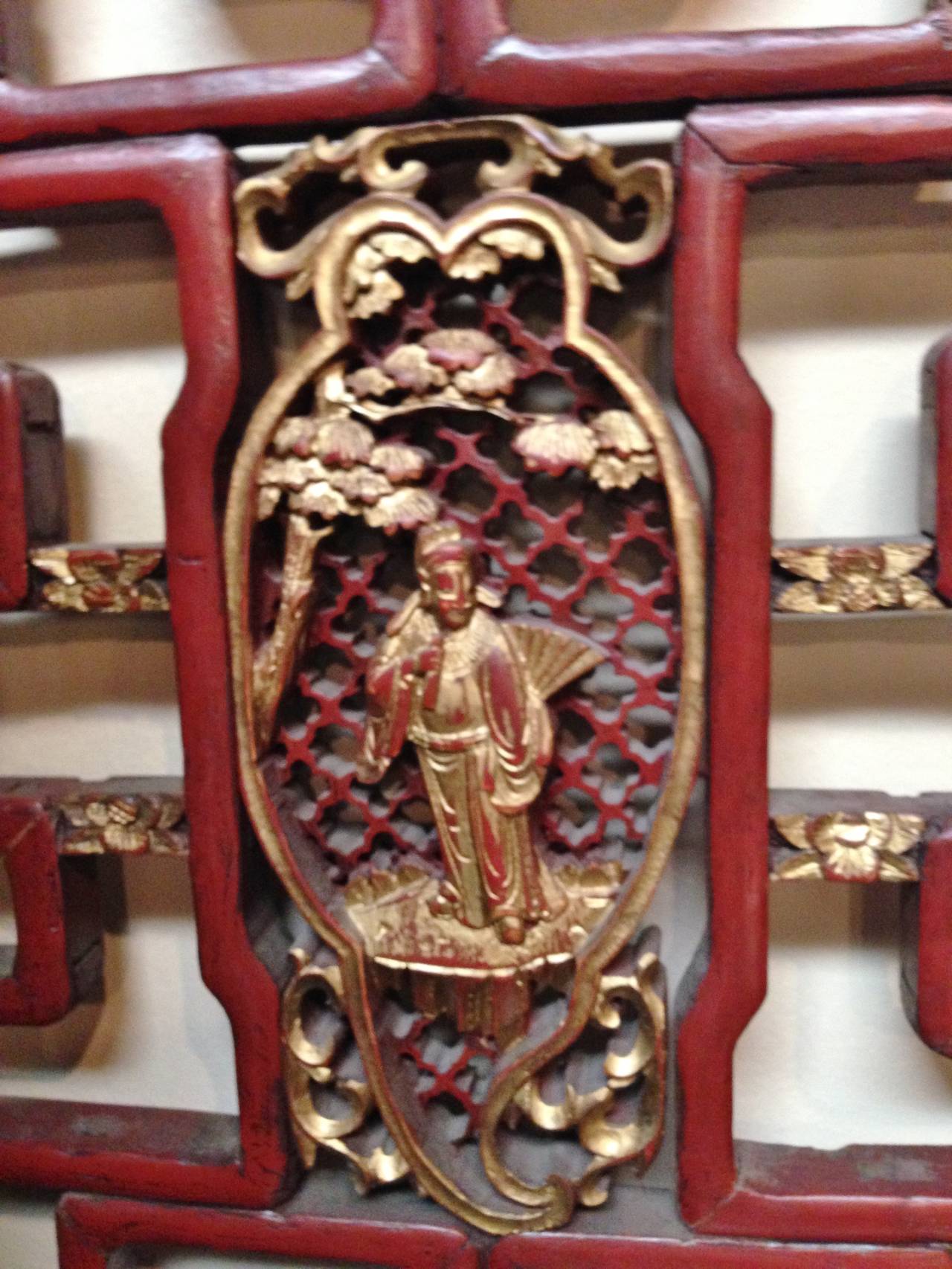 Set of 4 Chinese Antique Carved Doors, Screen, Red and Gilt, 19th Century 2