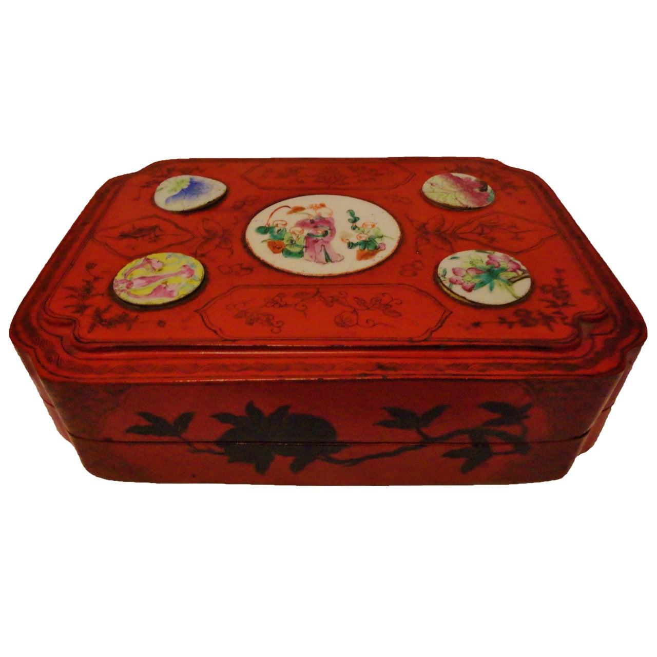 Red Lacquer Box with Antique Painted Porcelain For Sale