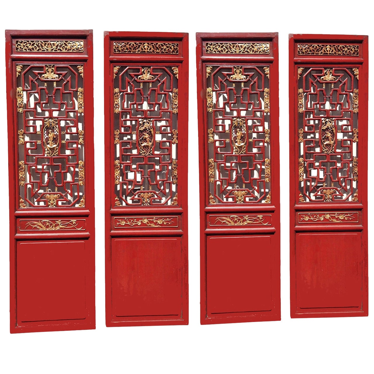 Set of 4 Chinese Antique Carved Doors, Screen, Red and Gilt, 19th Century