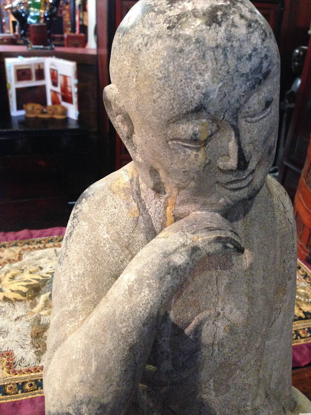 Hand-Carved Antique Stone Buddha, Contemplative, 19th Century For Sale