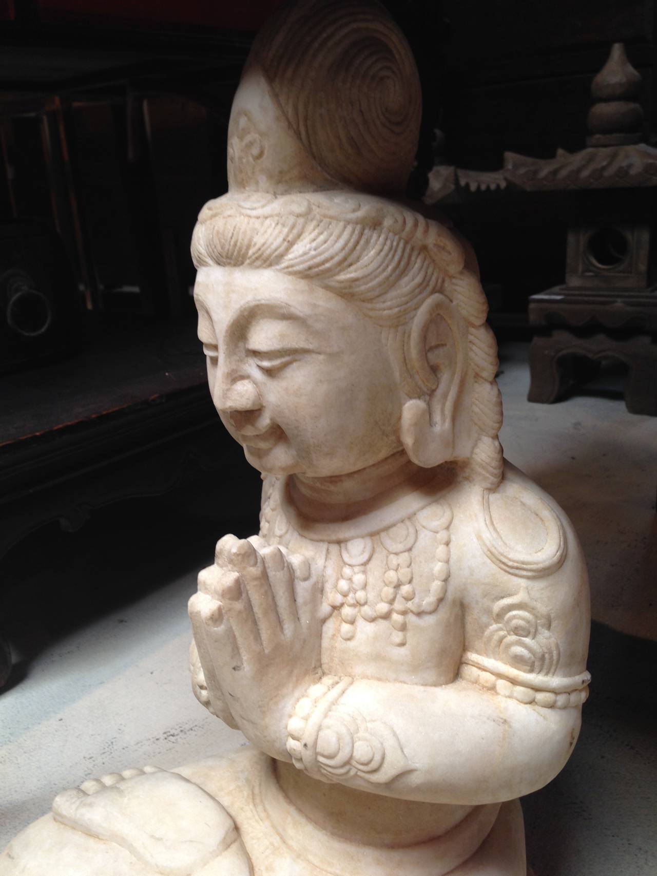 Chinese Stone Kwan Yin Statue, White Marble, Garden Sculpture For Sale