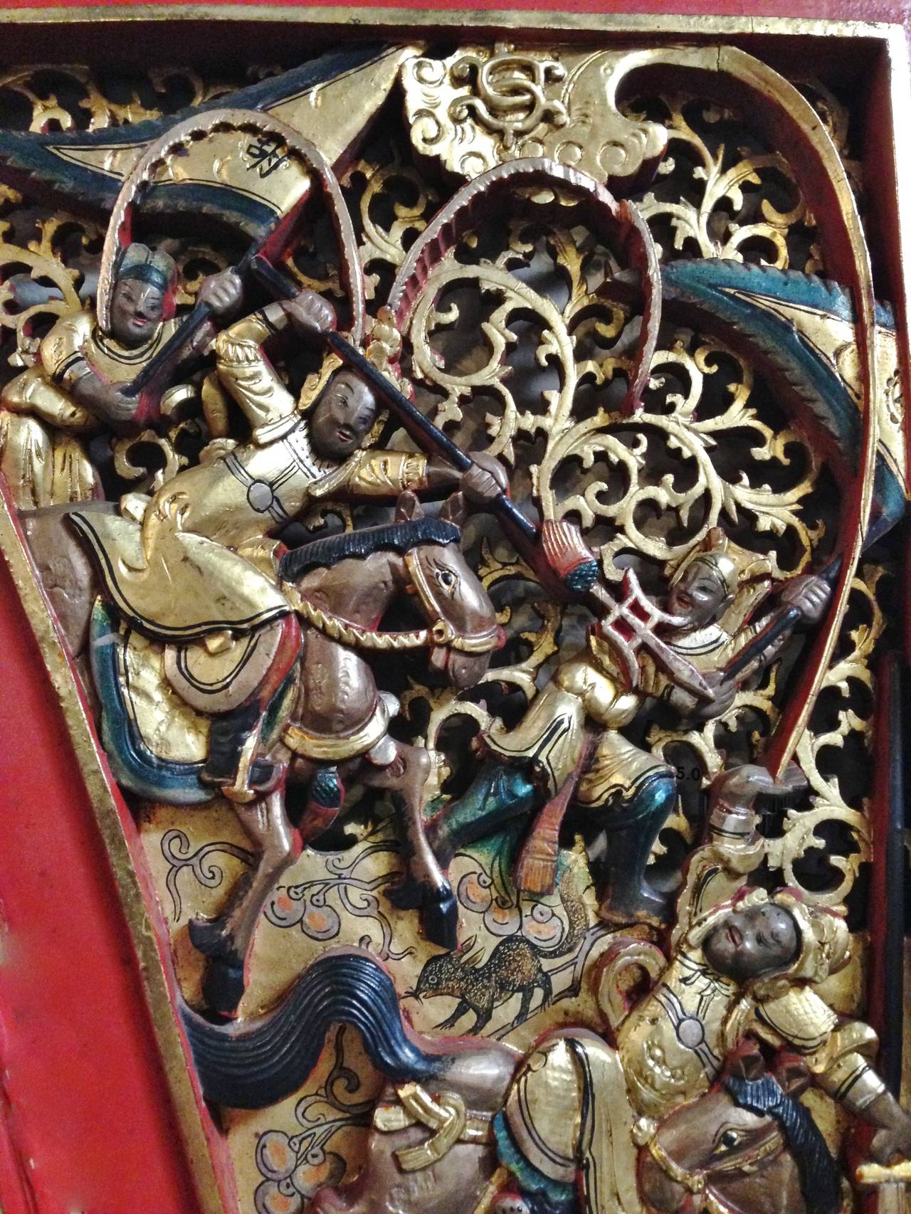 This spectacular pair of carvings forming an archway was part of a fantastic wedding bed. Fully carved figures, multi-dimensional with vivid expressions, depict scenes of a victorious battle and the celebration afterwards. No detail was overlooked