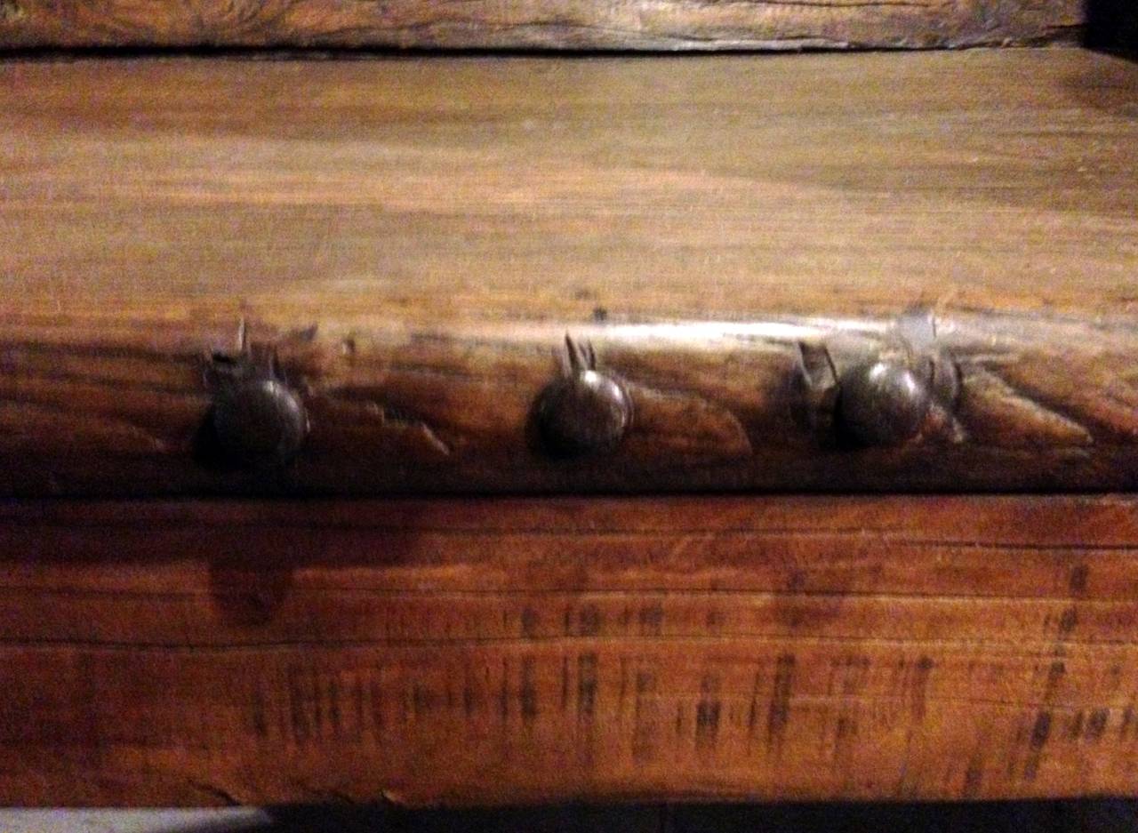 Forged Country Log Bench, Rustic Solid with Iron Studs For Sale