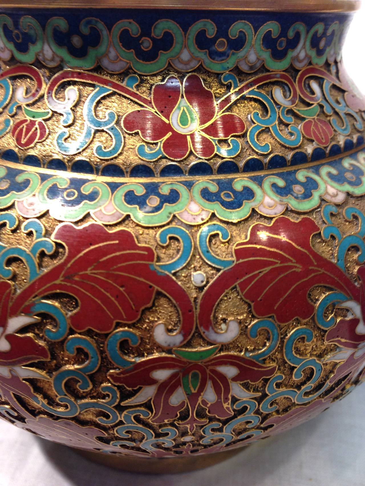 Pair of Cloisonné Champlevé Jewel Tone Jars with Foo Dogs