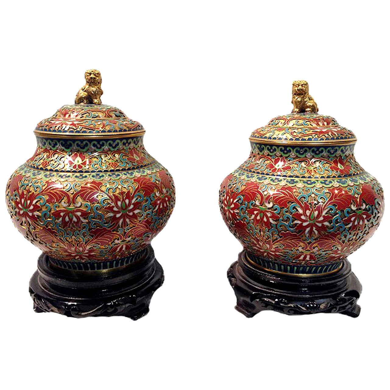 Pair of Cloisonné Champlevé Jewel Tone Jars with Foo Dogs