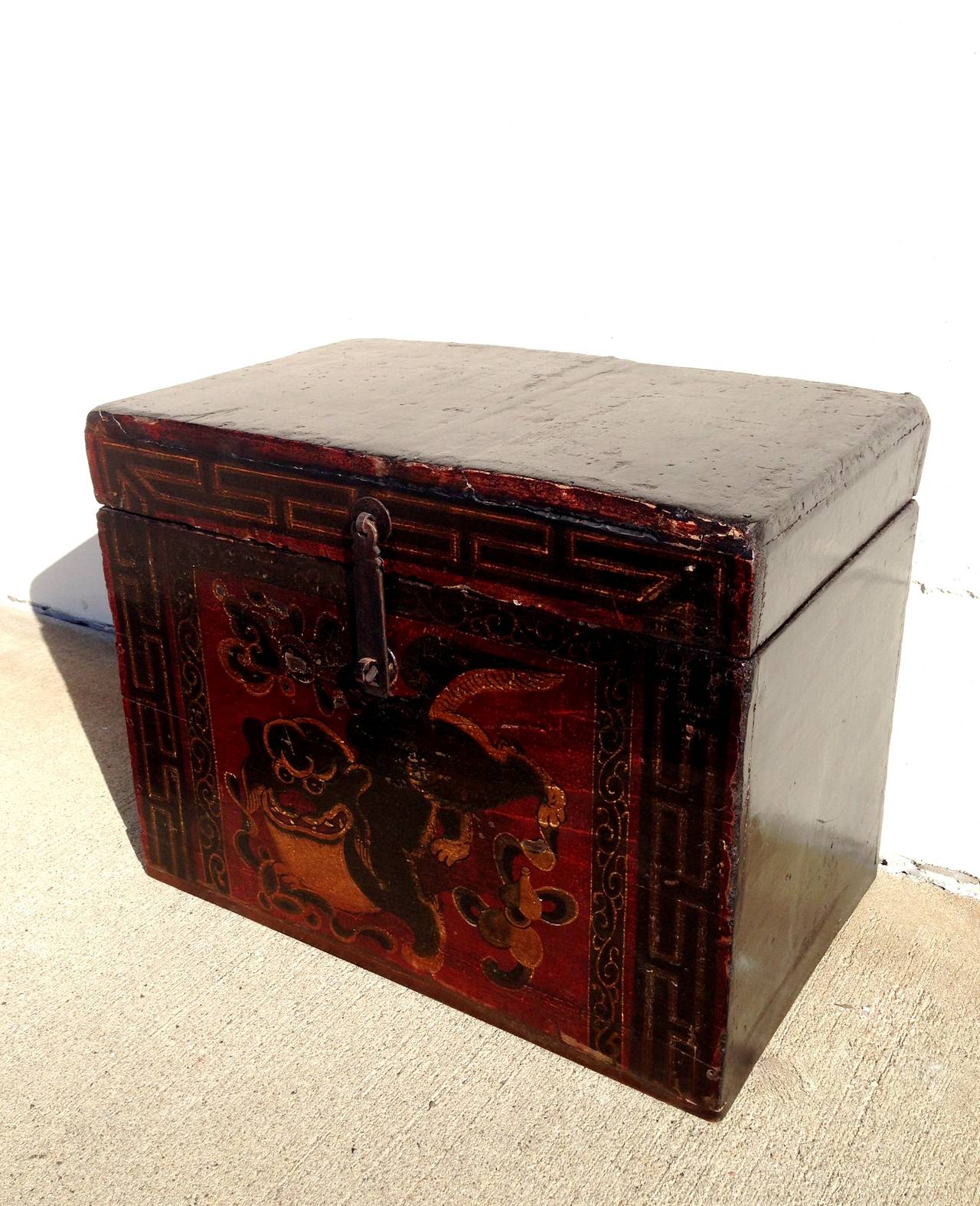 Hand-Painted Antique Tibetan Box, Foo Dog For Sale