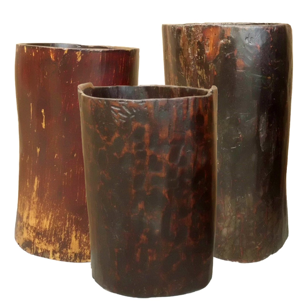 Set of Three Giant Antique Whole Tree Stump Wooden Pots or Planters For Sale